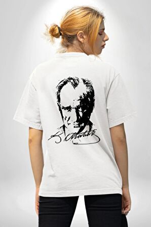 Kemal Atatürk İmza Ve Silüet  Beyaz Oversize Kadın Erkek Ön ve Sırt Baskılı Tişört