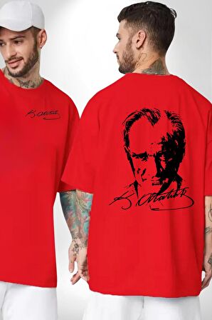 Kemal Atatürk İmza Ve Silüet  Kırmızı Oversize Kadın Erkek Ön ve Sırt Baskılı Tişört