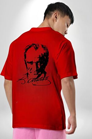 Kemal Atatürk İmza Ve Silüet  Kırmızı Oversize Kadın Erkek Ön ve Sırt Baskılı Tişört