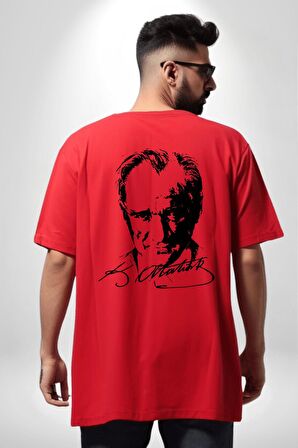 Kemal Atatürk İmza Ve Silüet  Kırmızı Oversize Kadın Erkek Ön ve Sırt Baskılı Tişört
