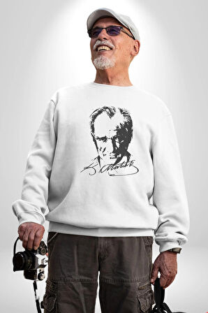 Kemal Atatürk İmza Ve Silüet  Kadın Erkek  Beyaz Baskılı Sweatshirt 