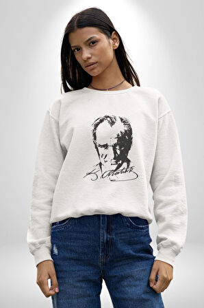 Kemal Atatürk İmza Ve Silüet  Kadın Erkek  Beyaz Baskılı Sweatshirt 