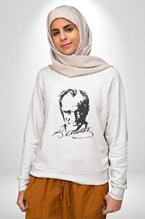 Kemal Atatürk İmza Ve Silüet  Kadın Erkek  Beyaz Baskılı Sweatshirt 