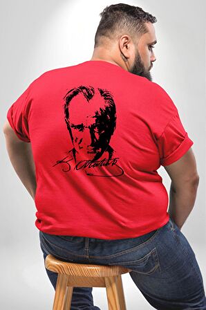Kemal Atatürk İmza Ve Silüet  Büyük Beden Kırmızı Tişört Kadın Erkek Ünisex Sırt Baskılı