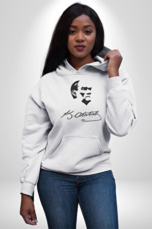 Kemal Atatürk İmza Ve Silüet  Kadın Erkek  Beyaz Kapüşonlu Sweatshirt Hoodie