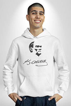 Kemal Atatürk İmza Ve Silüet  Kadın Erkek  Beyaz Kapüşonlu Sweatshirt Hoodie