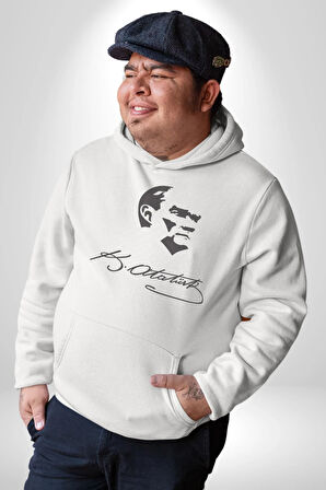 Kemal Atatürk İmza Ve Silüet  Kadın Erkek  Beyaz Kapüşonlu Sweatshirt Hoodie