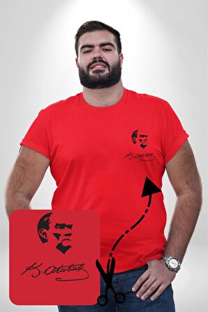 Kemal Atatürk İmza Ve Silüet  Kırmızı Büyük Beden Kadın Basic Minimal Baskılı Tişört