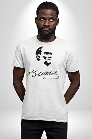 Kemal Atatürk İmza Ve Silüet  Kadın Erkek Unisex Beyaz Organik Baskılı T-Shirt Penye Yüksek Kalite