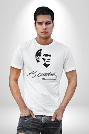 Kemal Atatürk İmza Ve Silüet  Kadın Erkek Unisex Beyaz Organik Baskılı T-Shirt Penye Yüksek Kalite