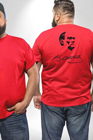 Kemal Atatürk İmza Ve Silüet  Büyük Beden Kırmızı Tişört Kadın Erkek Ünisex Sırt Baskılı