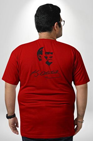 Kemal Atatürk İmza Ve Silüet  Büyük Beden Kırmızı Tişört Kadın Erkek Ünisex Sırt Baskılı