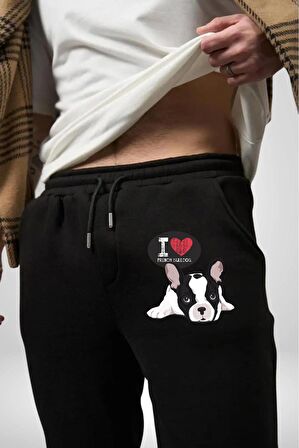 Seni Seviyorum Bulldog  Pamuklu 3 İplik Siyah Eşofman Altı Erkek Oversize Kesim Dijital Baskılı