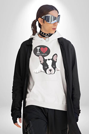 Seni Seviyorum Bulldog  Kadın Erkek  Beyaz Kapüşonlu Sweatshirt Hoodie
