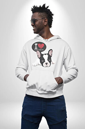 Seni Seviyorum Bulldog  Kadın Erkek  Beyaz Kapüşonlu Sweatshirt Hoodie