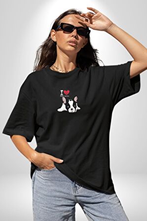 Seni Seviyorum Bulldog  Siyah Oversize Kadın Erkek Ön Orta Minimal Baskılı Tişört