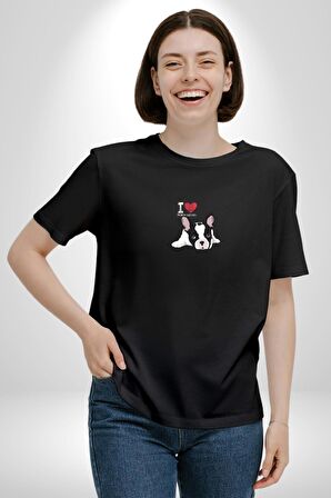 Seni Seviyorum Bulldog  Siyah Oversize Kadın Erkek Ön Orta Minimal Baskılı Tişört