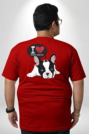 Seni Seviyorum Bulldog  Büyük Beden Kırmızı Tişört Kadın Erkek Ünisex Sırt Baskılı