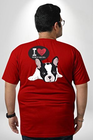 Seni Seviyorum Bulldog  Büyük Beden Kırmızı Tişört Kadın Erkek Ünisex Sırt Baskılı