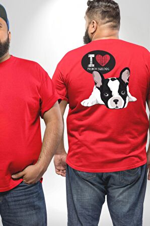 Seni Seviyorum Bulldog  Büyük Beden Kırmızı Tişört Kadın Erkek Ünisex Sırt Baskılı