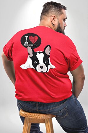 Seni Seviyorum Bulldog  Büyük Beden Kırmızı Tişört Kadın Erkek Ünisex Sırt Baskılı