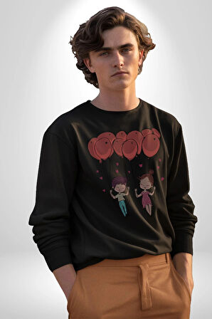 Sevgili Balon Aşk Salıncak Sevgililer Günü Kadın Erkek  Siyah Baskılı Sweatshirt 