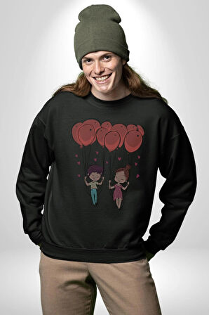 Sevgili Balon Aşk Salıncak Sevgililer Günü Kadın Erkek  Siyah Baskılı Sweatshirt 