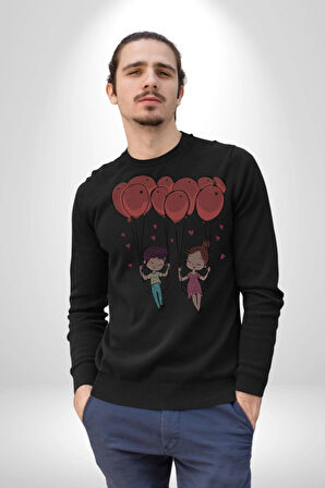 Sevgili Balon Aşk Salıncak Sevgililer Günü Kadın Erkek  Siyah Baskılı Sweatshirt 