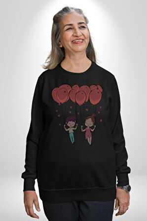 Sevgili Balon Aşk Salıncak Sevgililer Günü Kadın Erkek  Siyah Baskılı Sweatshirt 