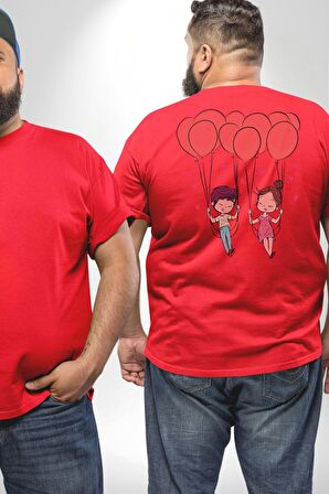 Sevgili Balon Aşk Salıncak Sevgililer Günü Büyük Beden Kırmızı Tişört Kadın Erkek Ünisex Sırt Baskılı