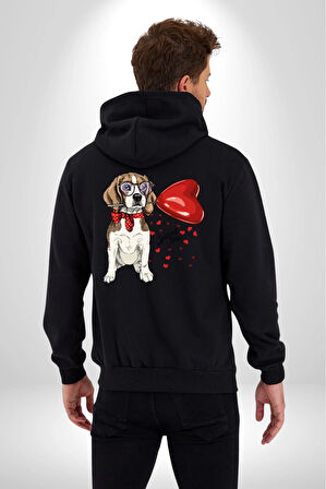 Poodle ve Beagle Sevililer Günü Hediyesi Kadın Erkek Siyah Renk Kapüşonlu Kanguru Cepli  Fermuarlı Pamuklu Oversize Dijital Baskılı Hırka Sweatshirt