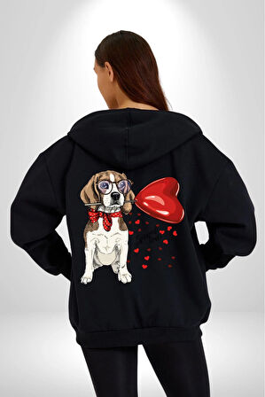 Poodle ve Beagle Sevililer Günü Hediyesi Kadın Erkek Siyah Renk Kapüşonlu Kanguru Cepli  Fermuarlı Pamuklu Oversize Dijital Baskılı Hırka Sweatshirt