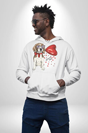 Poodle ve Beagle Sevililer Günü Hediyesi Kadın Erkek  Beyaz Kapüşonlu Sweatshirt Hoodie