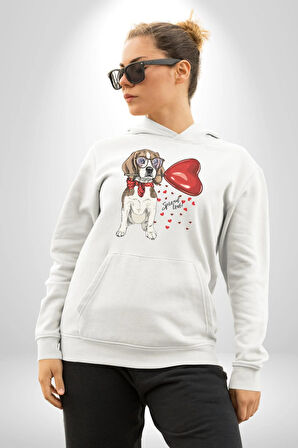 Poodle ve Beagle Sevililer Günü Hediyesi Kadın Erkek  Beyaz Kapüşonlu Sweatshirt Hoodie