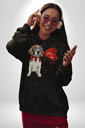Poodle ve Beagle Sevililer Günü Hediyesi Kadın Erkek  Siyah Kapüşonlu Sweatshirt Hoodie