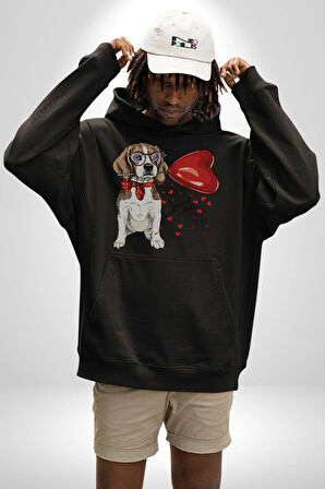 Poodle ve Beagle Sevililer Günü Hediyesi Kadın Erkek  Siyah Kapüşonlu Sweatshirt Hoodie