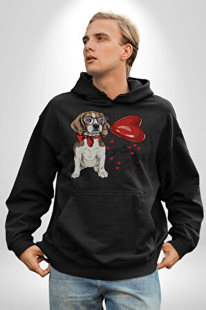Poodle ve Beagle Sevililer Günü Hediyesi Kadın Erkek  Siyah Kapüşonlu Sweatshirt Hoodie