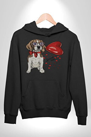 Poodle ve Beagle Sevililer Günü Hediyesi Kadın Erkek  Siyah Kapüşonlu Sweatshirt Hoodie