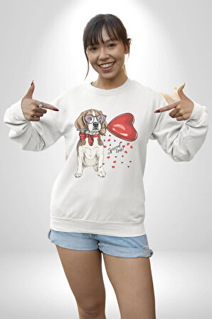 Poodle ve Beagle Sevililer Günü Hediyesi Kadın Erkek  Beyaz Baskılı Sweatshirt 
