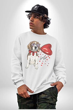 Poodle ve Beagle Sevililer Günü Hediyesi Kadın Erkek  Beyaz Baskılı Sweatshirt 