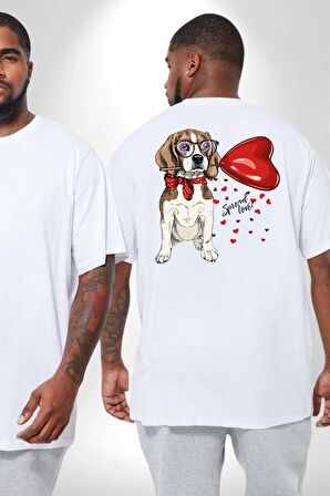 Poodle ve Beagle Sevililer Günü Hediyesi Büyük Beden Beyaz Tişört Kadın Erkek Ünisex Sırt Baskılı