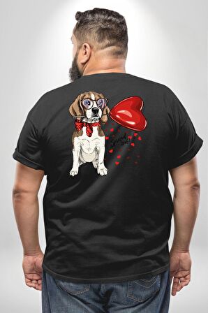Poodle ve Beagle Sevililer Günü Hediyesi Büyük Beden Siyah Tişört Kadın Erkek Ünisex Sırt Baskılı