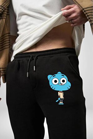 Darwin Watterson Ben Gumball Pamuklu 3 İplik Siyah Eşofman Altı Erkek Oversize Kesim Dijital Baskılı