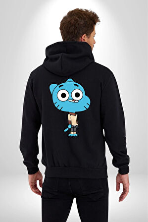 Darwin Watterson Ben Gumball Kadın Erkek Siyah Renk Kapüşonlu Kanguru Cepli  Fermuarlı Pamuklu Oversize Dijital Baskılı Hırka Sweatshirt