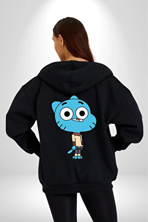 Darwin Watterson Ben Gumball Kadın Erkek Siyah Renk Kapüşonlu Kanguru Cepli  Fermuarlı Pamuklu Oversize Dijital Baskılı Hırka Sweatshirt