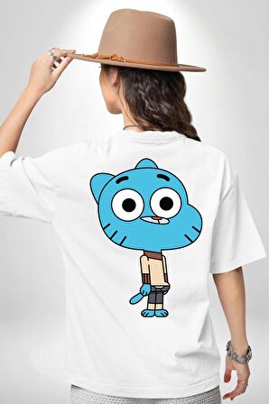 Darwin Watterson Ben Gumball Beyaz Oversize Kadın Erkek Ön ve Sırt Baskılı Tişört