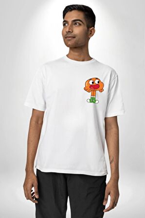 Darwin Watterson Ben Gumball Beyaz Oversize Kadın Erkek Ön ve Sırt Baskılı Tişört