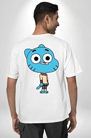 Darwin Watterson Ben Gumball Beyaz Oversize Kadın Erkek Ön ve Sırt Baskılı Tişört