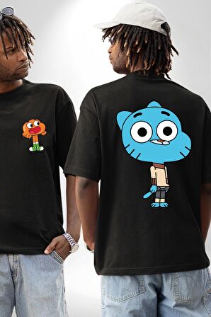 Darwin Watterson Ben Gumball Siyah Oversize Kadın Erkek Ön ve Sırt Baskılı Tişört