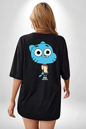 Darwin Watterson Ben Gumball Siyah Oversize Kadın Erkek Ön ve Sırt Baskılı Tişört